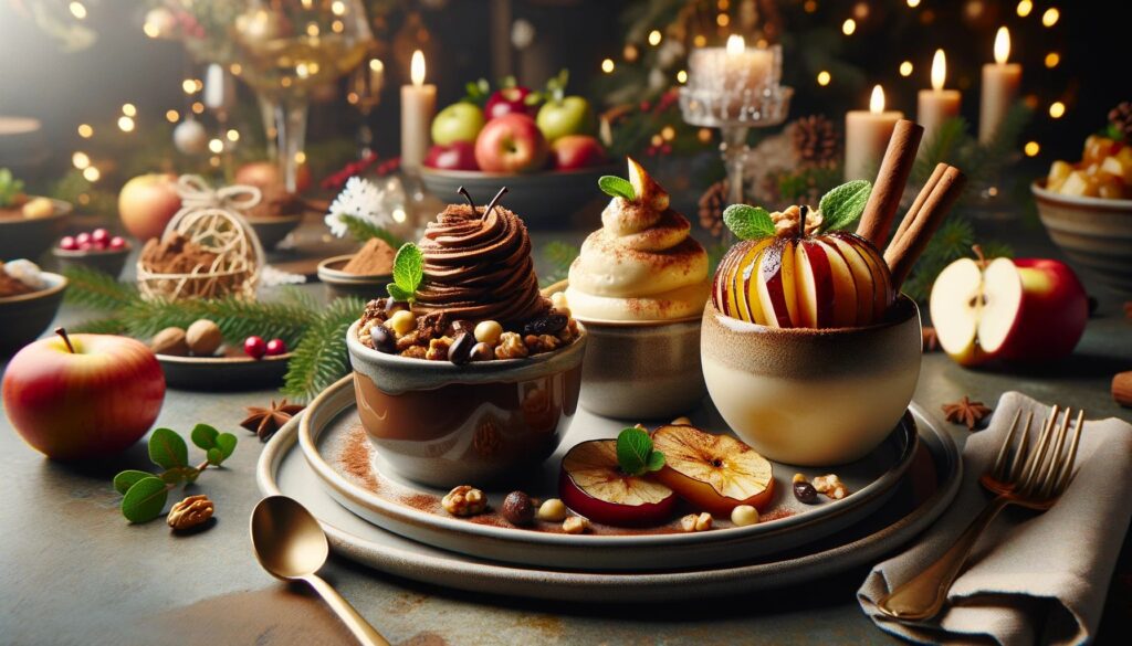 Nagerechten: vegan chocolademousse, gebakken appels met kaneel en noten, fruitige sorbet van seizoensfruit